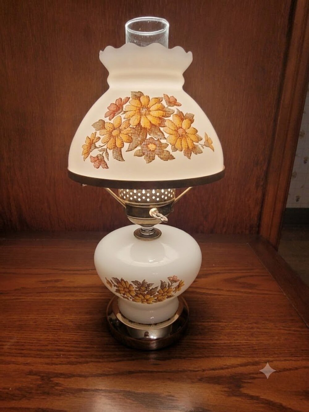 1970s Milk Glass Hurricane Lamp - Yellow & Orange Daisies - Working
